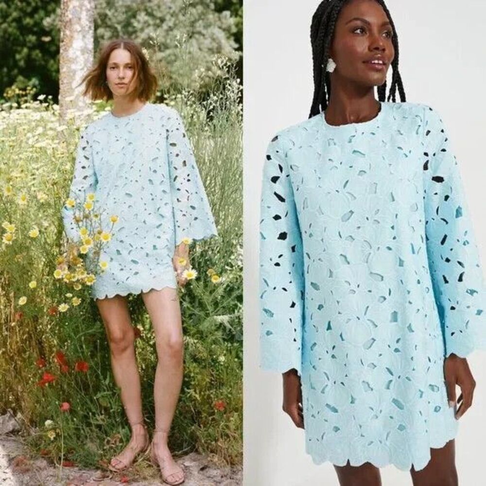 NEW Tuckernuck Aqua Floral Lace Camilla Long Flared Sleeve Mini Dress Large